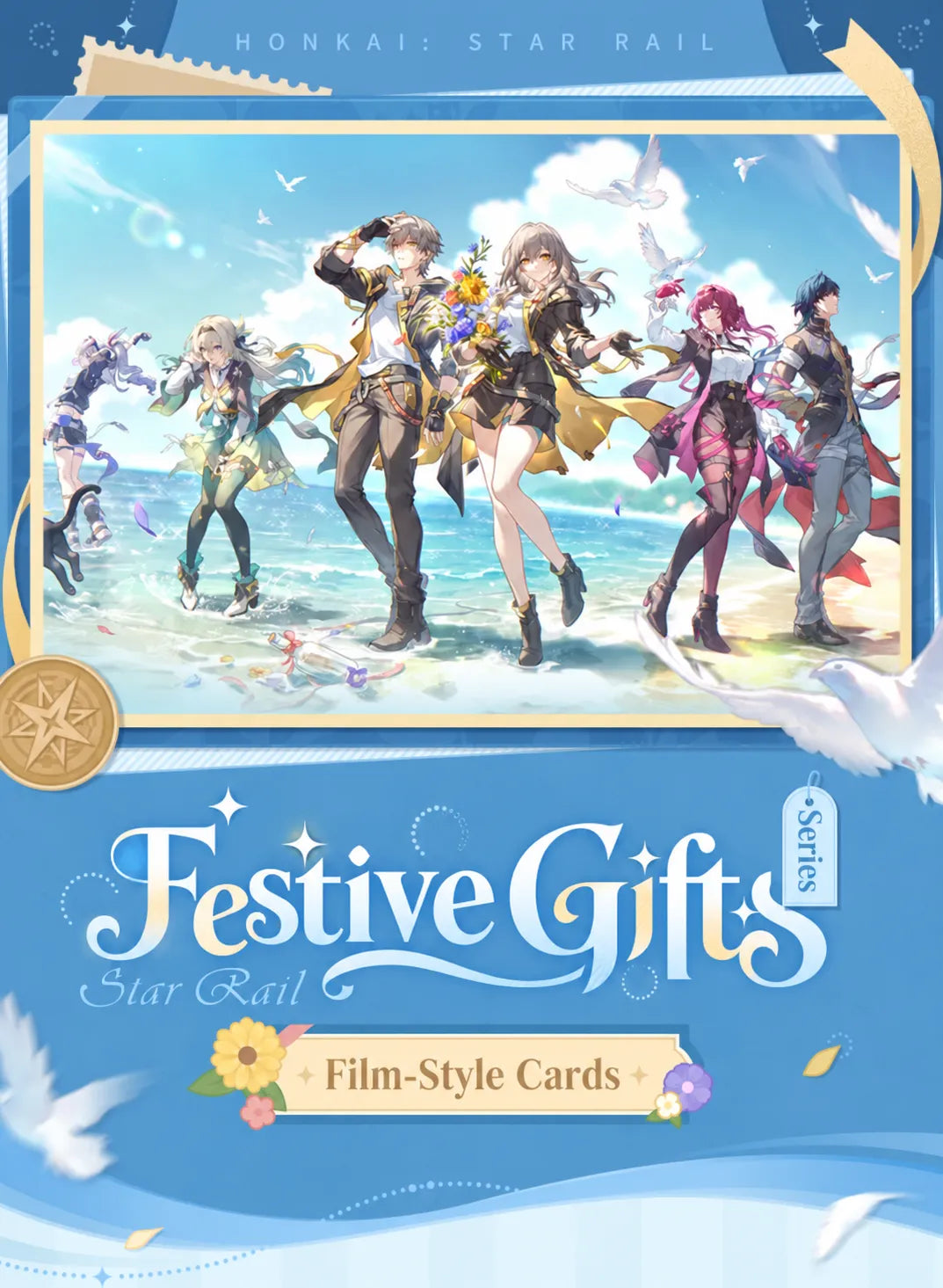 Festive Gifts Series Film-Style Cards featuring anniversary artwork and seaside character illustrations