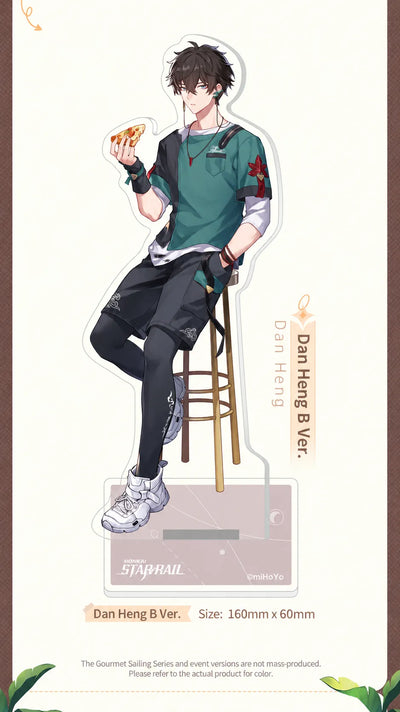 Gourmet Sailing Series Dan Heng B Ver. Acrylic Standee seated on a stool with display base and dimensions