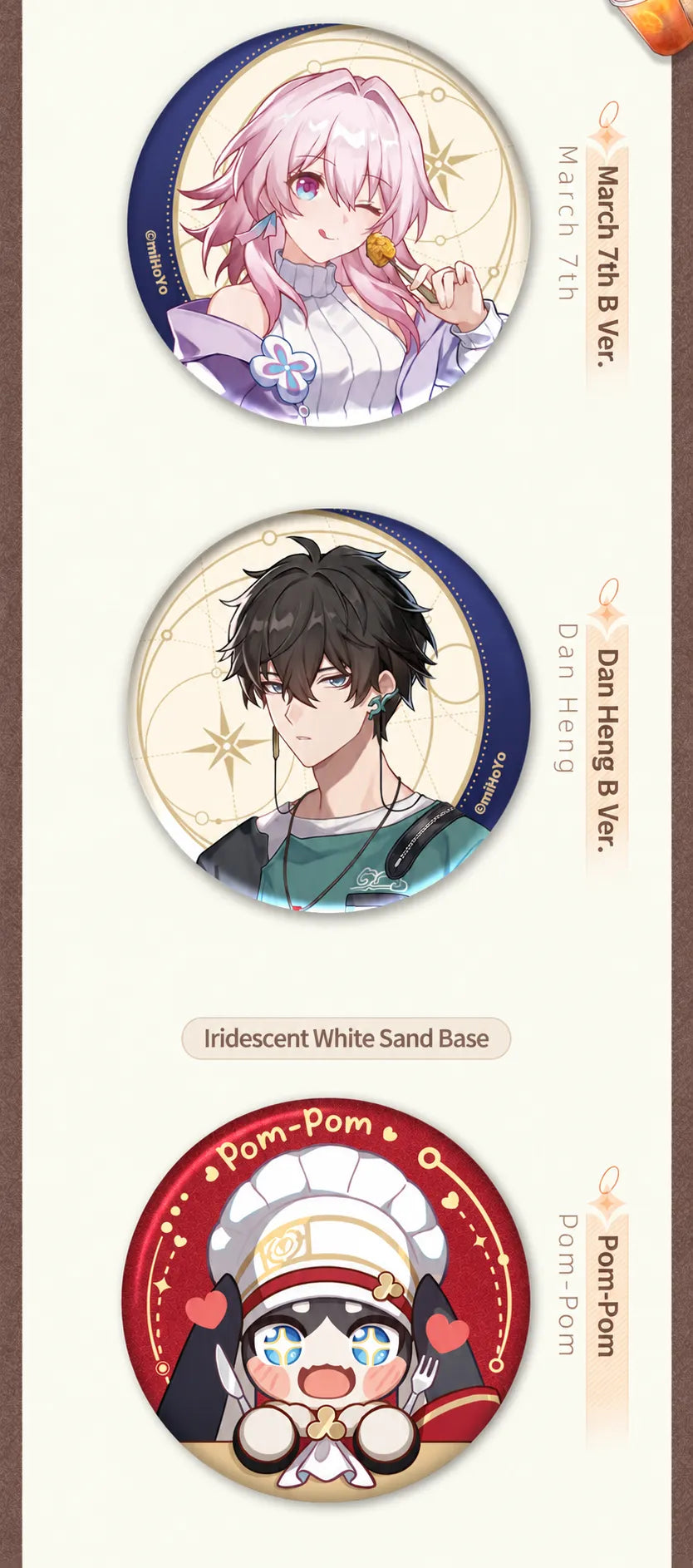Gourmet Sailing Series March 7th B Ver., Dan Heng B Ver. and Pom-Pom collectible badge designs