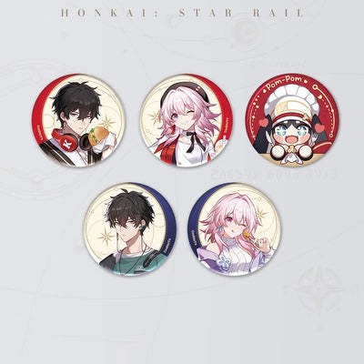 Honkai: Star Rail Gourmet Sailing Series Badges featuring March 7th, Dan Heng and Pom-Pom