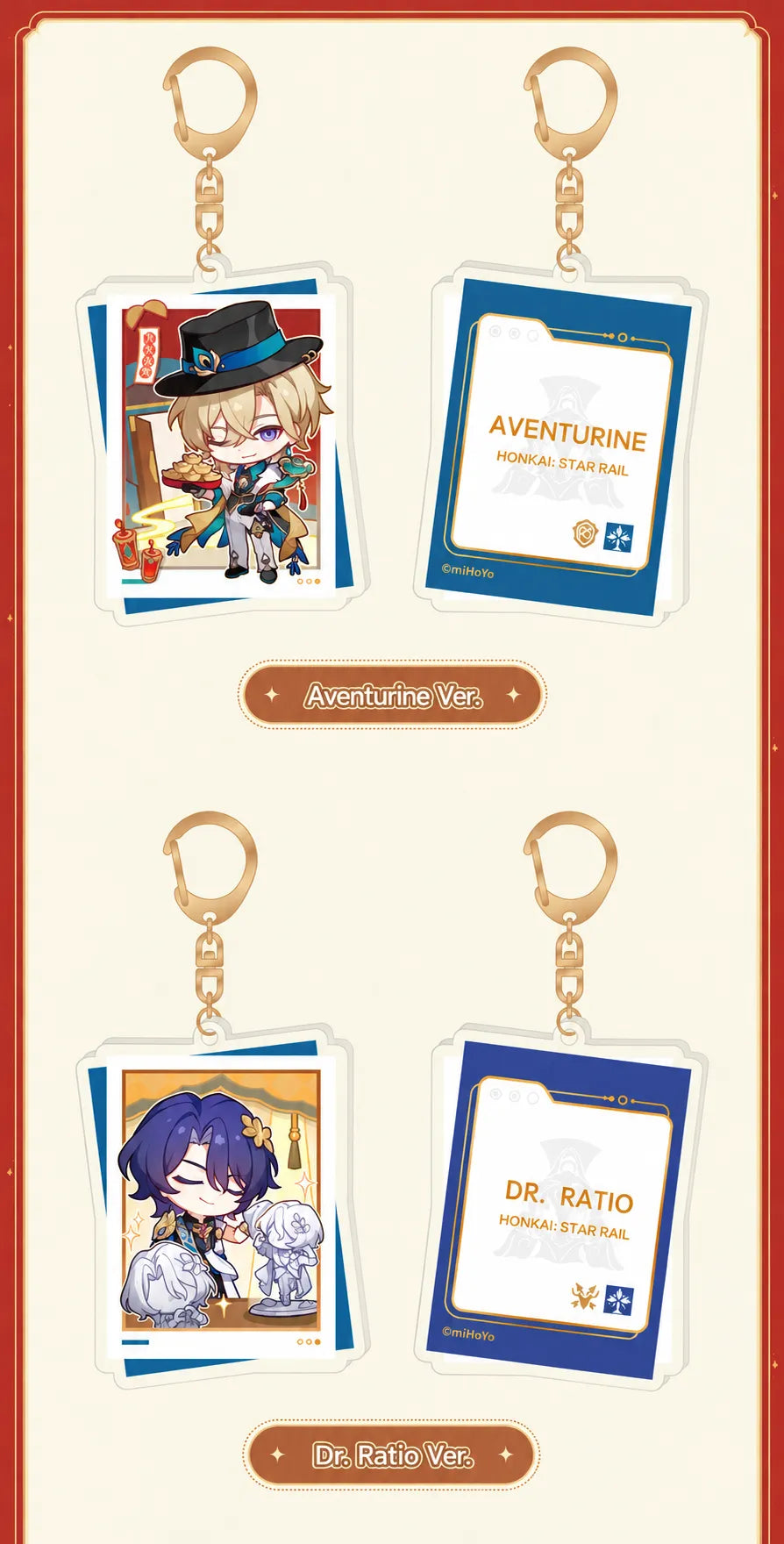 Aventurine and Dr. Ratio acrylic charm front and back designs