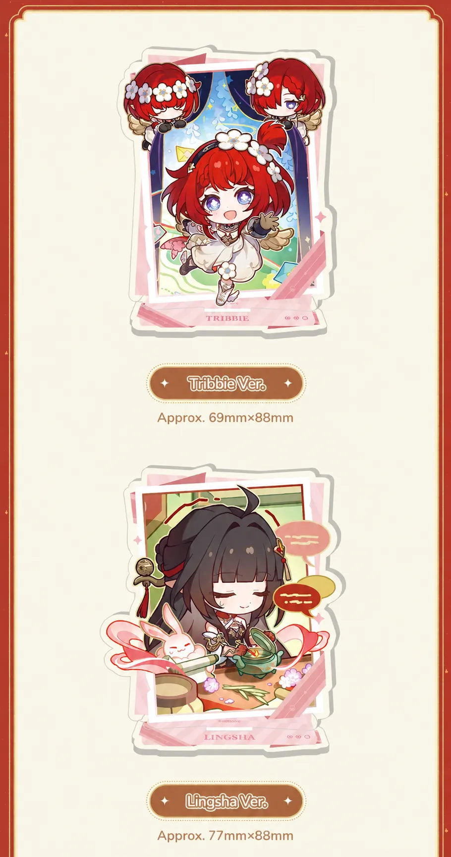 Tribbie and Lingsha chibi acrylic standees with character dimensions