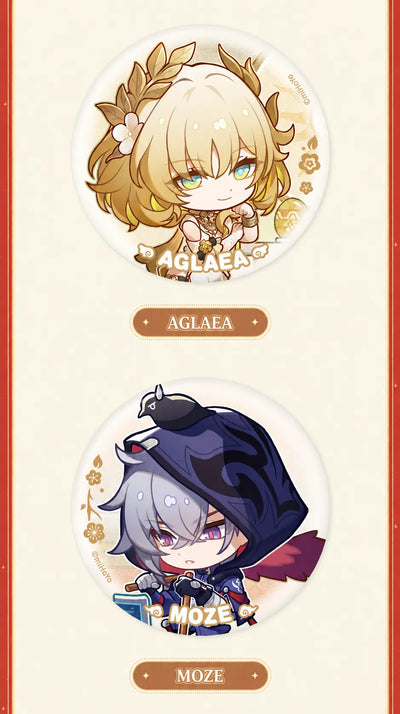 Aglaea and Moze chibi badge designs from the Happy New Year Series