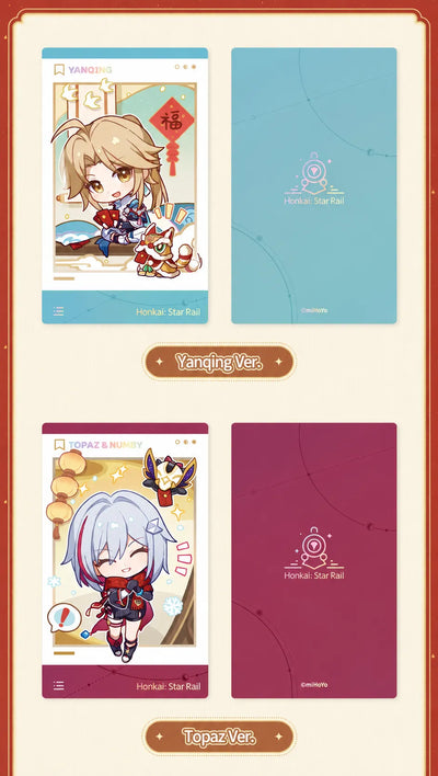 Yanqing and Topaz & Numby character cards with front and back designs