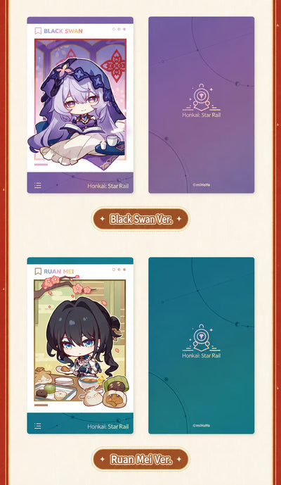 Black Swan and Ruan Mei character cards with front and back designs