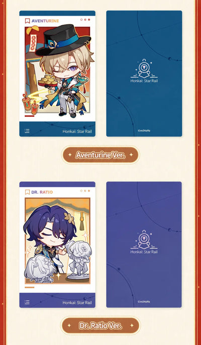 Aventurine and Dr. Ratio character cards with front and back designs