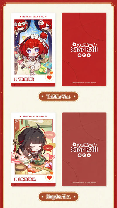 Tribbie and Lingsha character cards with front and back designs
