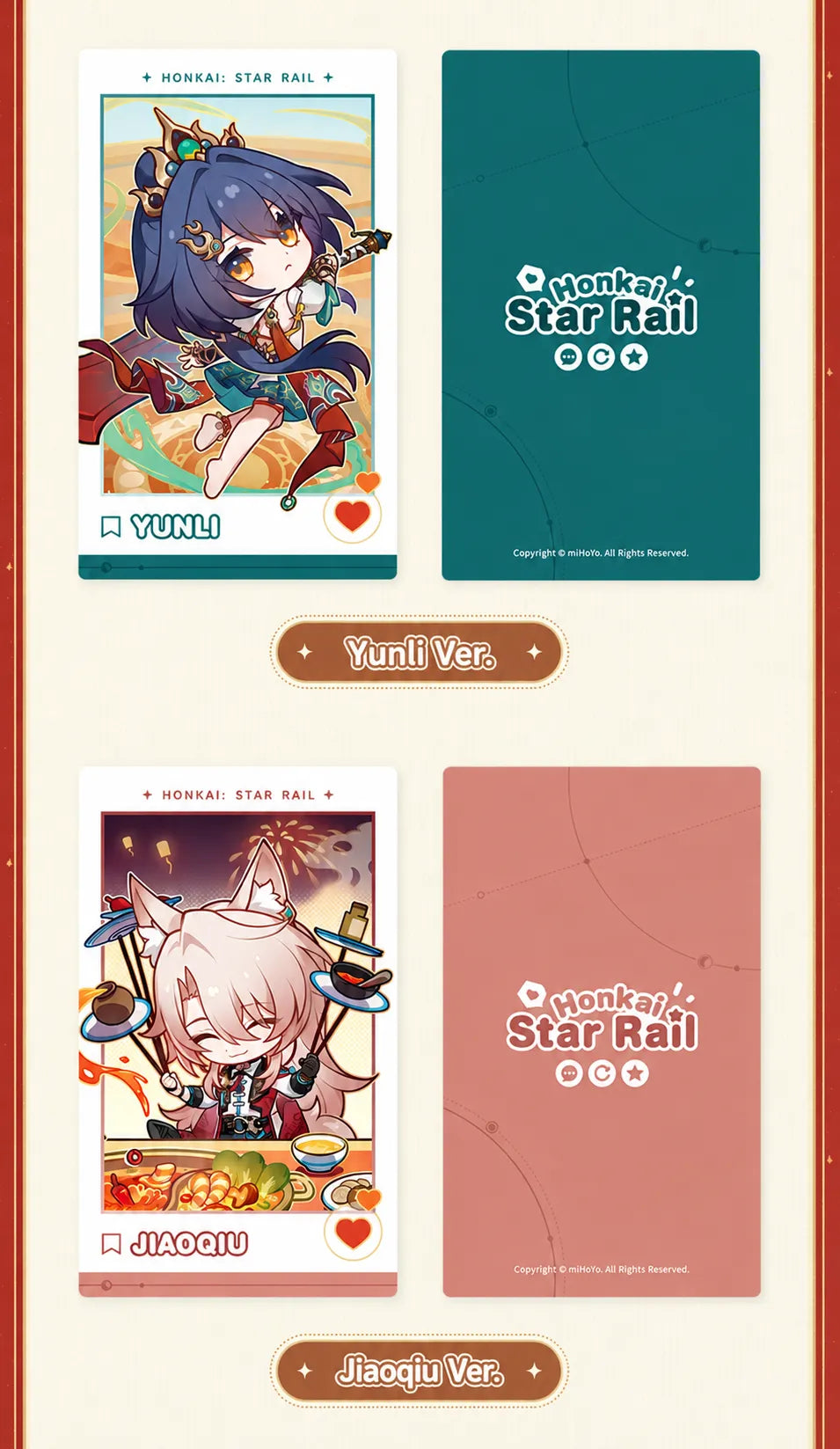 Yunli and Jiaoqiu character cards with front and back designs