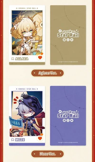 Aglaea and Moze character cards with front and back designs
