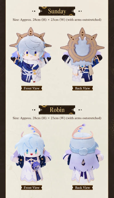 Sunday and Robin plush puppet front and back views