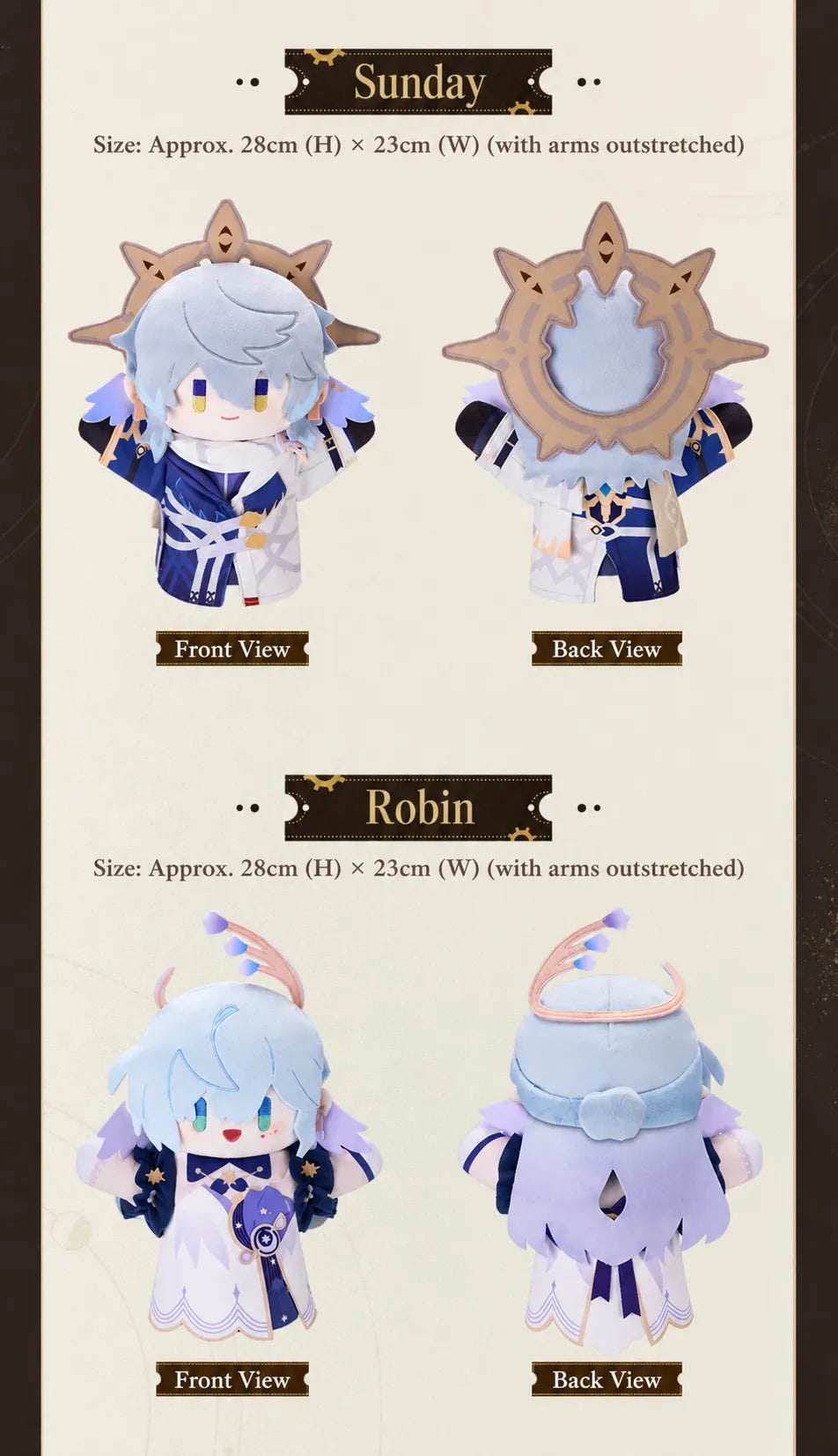 Sunday and Robin plush puppet front and back views