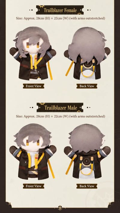 Trailblazer Female and Trailblazer Male plush puppet front and back views
