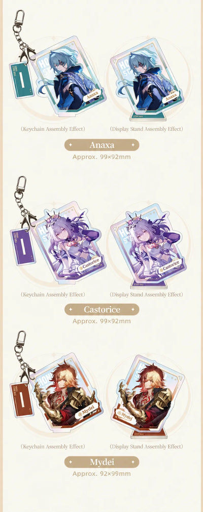 Anaxa, Castorice and Mydei acrylic charms and display stands