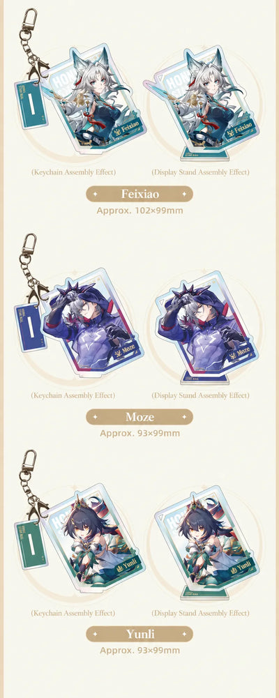 Feixiao, Moze and Yunli acrylic charms and display stands