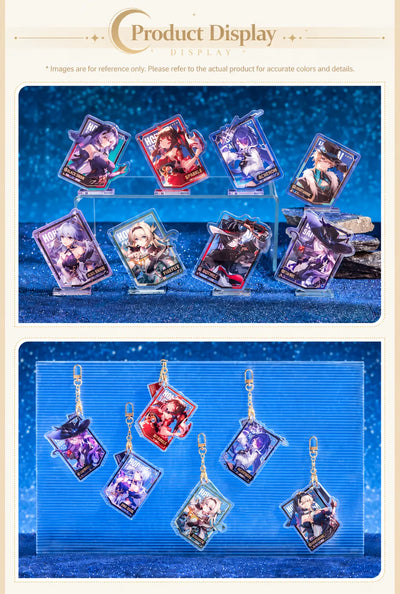 Interstellar Journey Series acrylic charms shown as keychains and desktop display stands