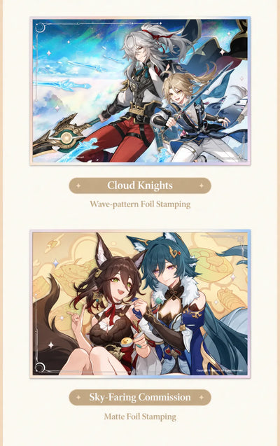 Cloud Knights and Sky-Faring Commission acrylic art boards with foil-stamped details