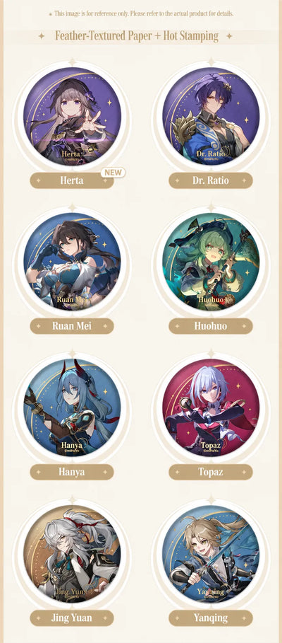 Herta, Dr. Ratio, Ruan Mei, Huohuo, Hanya, Topaz, Jing Yuan and Yanqing badges