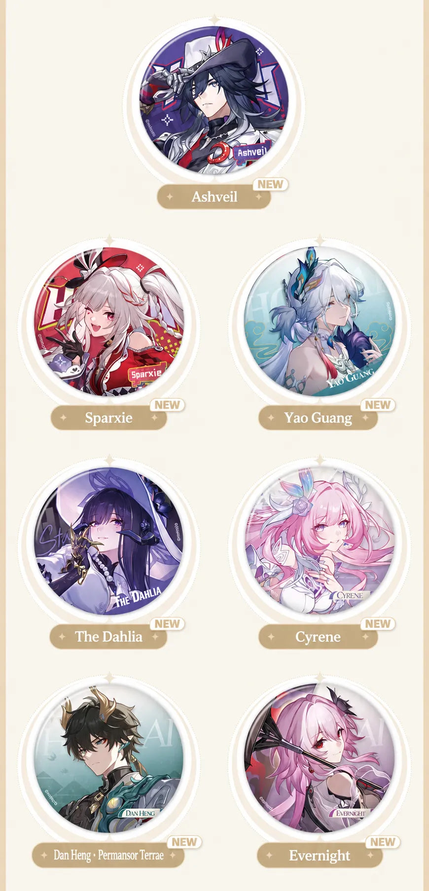 Ashveil, Sparxie, Yao Guang, The Dahlia, Cyrene, Dan Heng • Permansor Terrae and Evernight badges