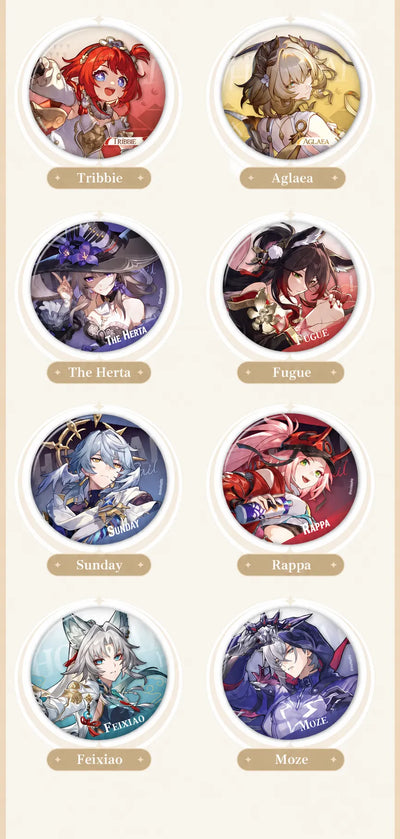 Tribbie, Aglaea, The Herta, Fugue, Sunday, Rappa, Feixiao and Moze badges