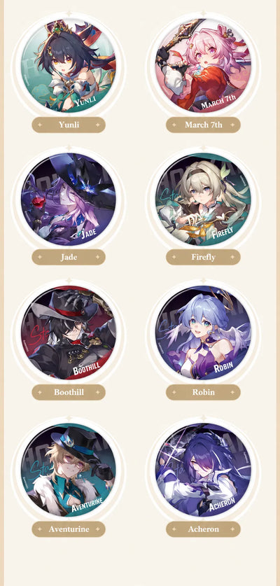 Yunli, March 7th, Jade, Firefly, Boothill, Robin, Aventurine and Acheron badges