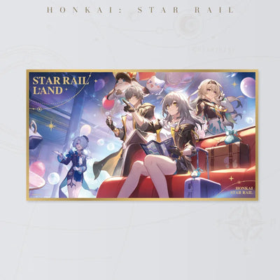 Honkai Star Rail LAND Series acrylic art board featuring Trailblazer Caelus and Stelle, Firefly, and Misha in colorful travel-themed artwork
