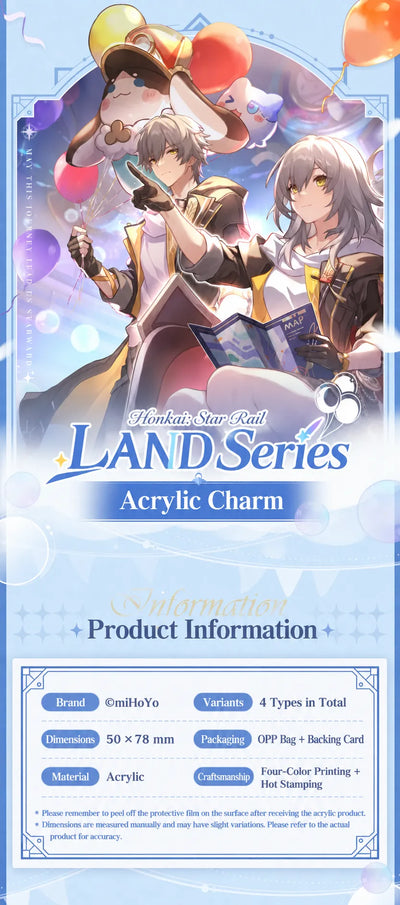 Honkai Star Rail LAND Series acrylic charm product information showing 50 × 78 mm size, acrylic material, and packaging