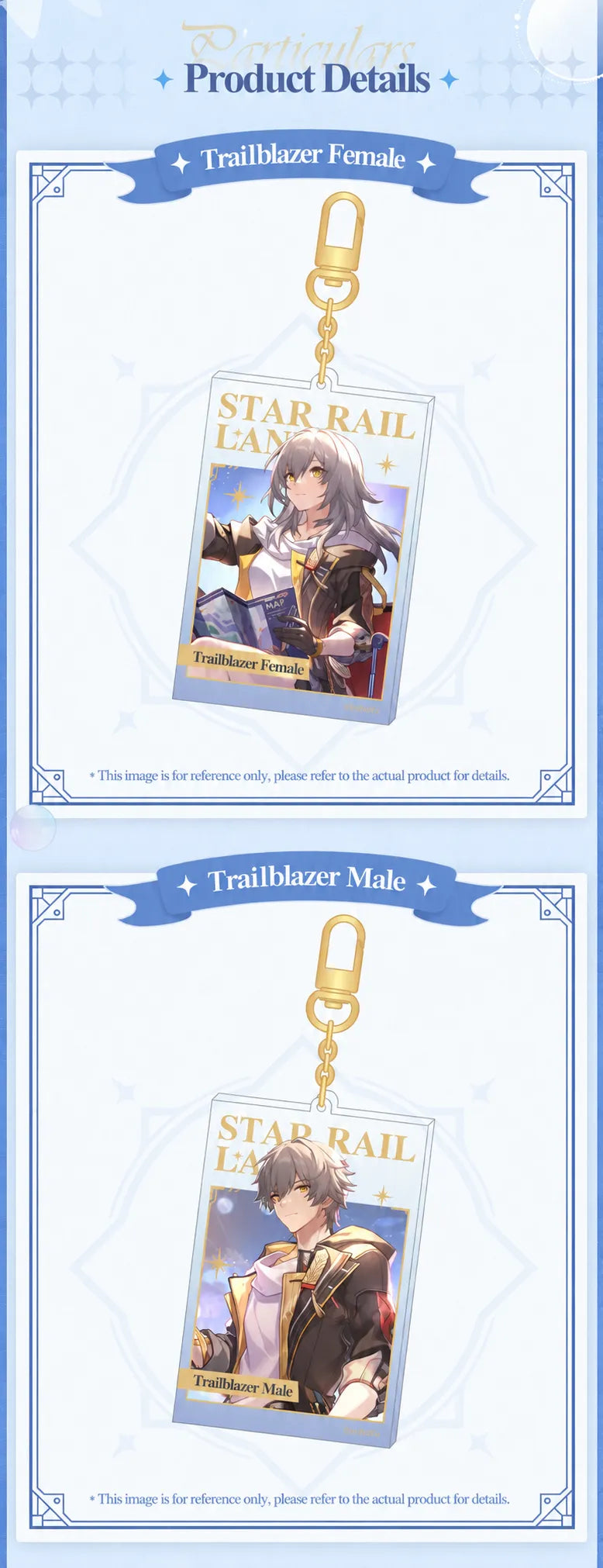 Honkai Star Rail LAND Series Trailblazer Stelle and Caelus acrylic charms with gold-tone clasps