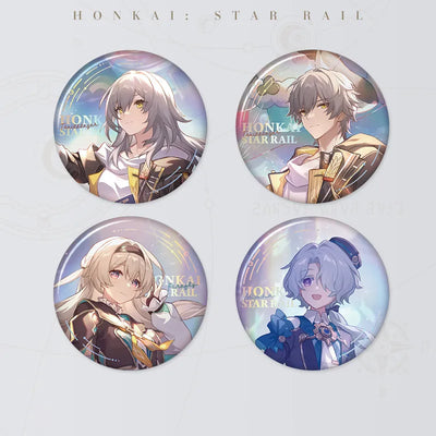 Honkai Star Rail LAND Series tinplate badges featuring Trailblazer, Firefly, and Misha