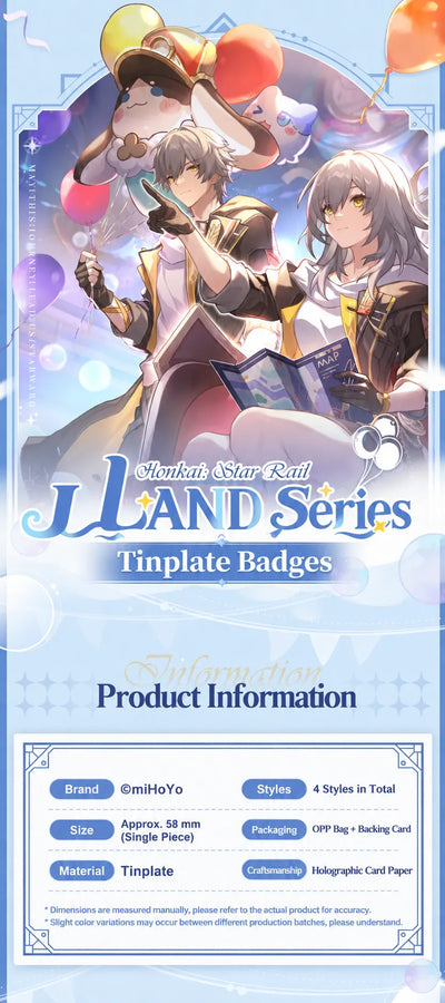 Honkai Star Rail LAND Series tinplate badge product information showing 58 mm size, material, and packaging