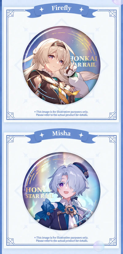 Honkai Star Rail LAND Series Firefly and Misha tinplate badge designs