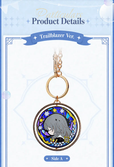 Trailblazer double-sided keychain Side A featuring Stelle with colorful celestial decorations