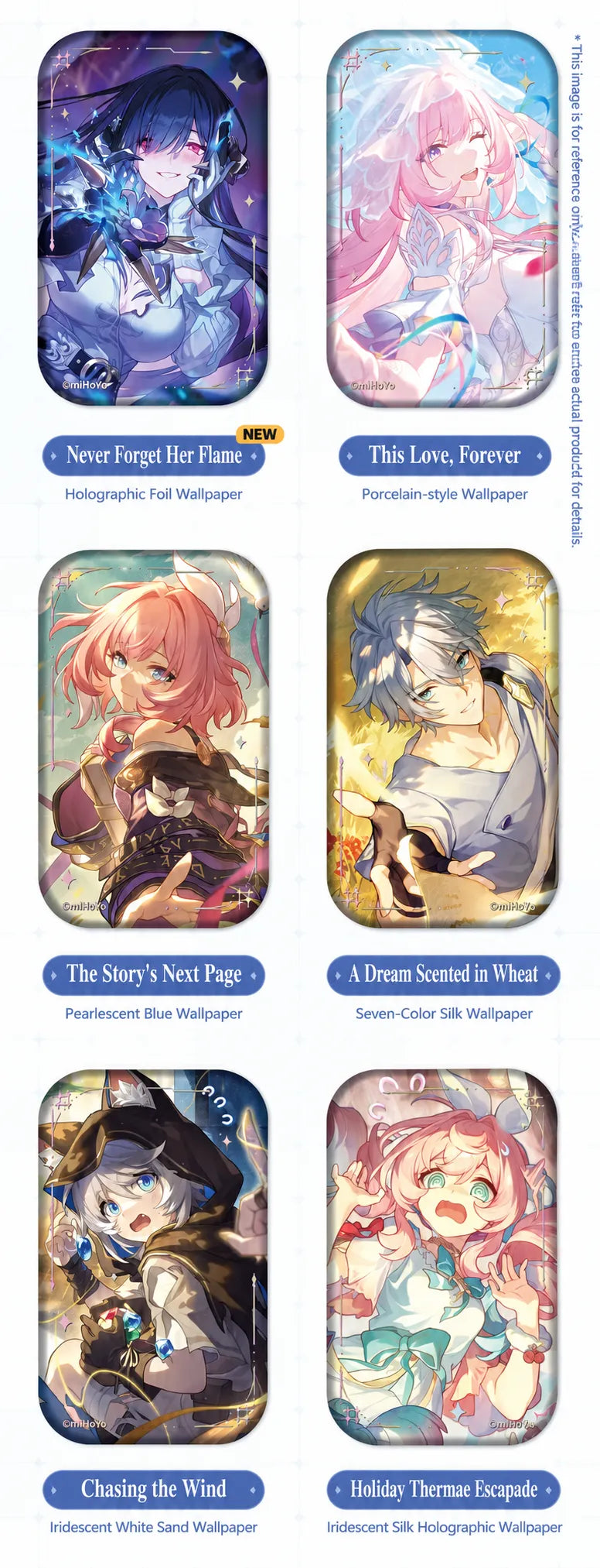 Honkai: Star Rail Light Cone badge designs including Never Forget Her Flame and Holiday Thermae Escapade