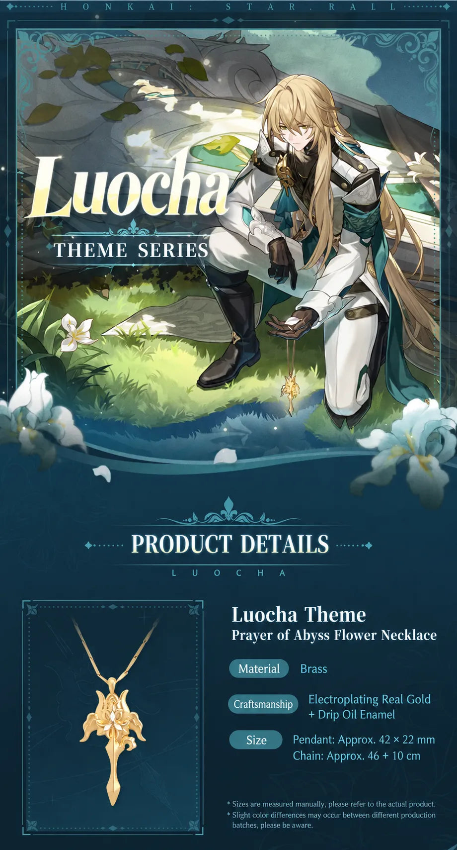 Luocha Theme Series Prayer of Abyss Flower Necklace specifications with character artwork and pendant details