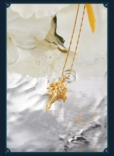 Luocha necklace close-up featuring gold clasp extension chain and engraved miHoYo tag