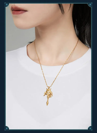 Luocha Prayer of Abyss Flower Necklace full-length display with gold chain and floral pendant