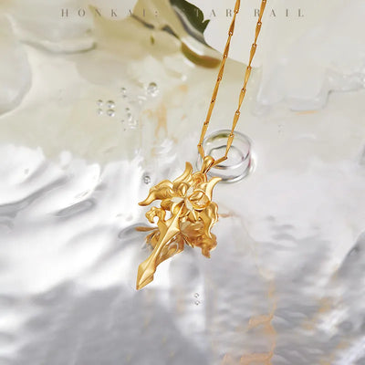 Luocha Prayer of Abyss Flower Necklace featuring an elegant gold floral pendant