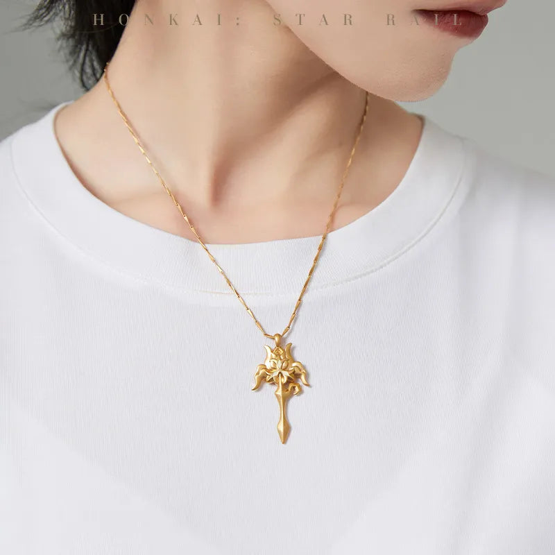 Luocha Theme Series gold necklace featuring intricate flower and pendant details