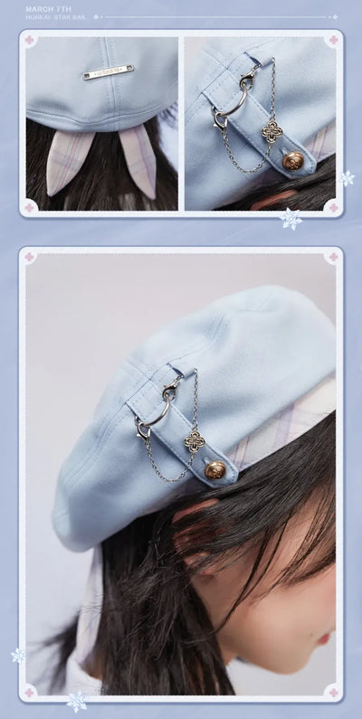 March 7th beret plaid ribbon accents and fabric stitching