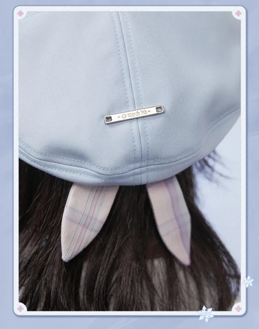 March 7th beret front view with soft pastel-blue fabric