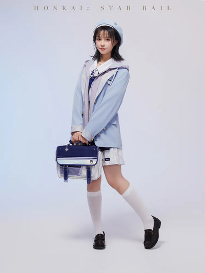 March 7th beret styled with a matching pastel-blue outfit