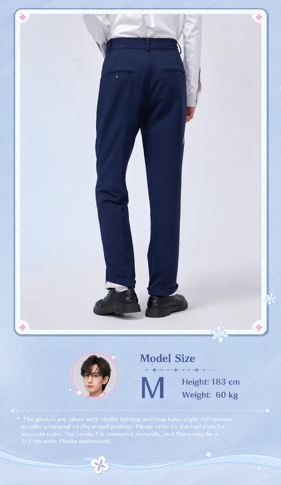 March 7th pants waistband and detachable floral chain close-up
