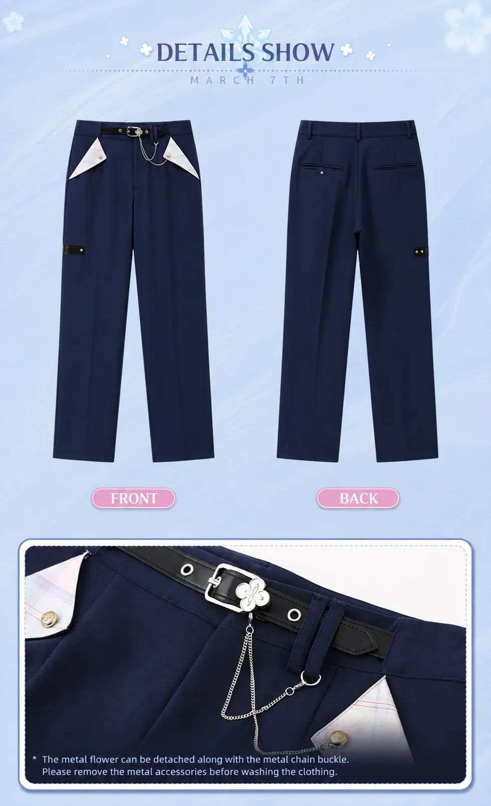 March 7th pants decorative belt buckle and metal chain
