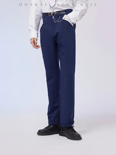 March 7th navy-blue pants with decorative floral chain