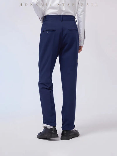 March 7th pants styled with a pastel-blue jacket and white shirt
