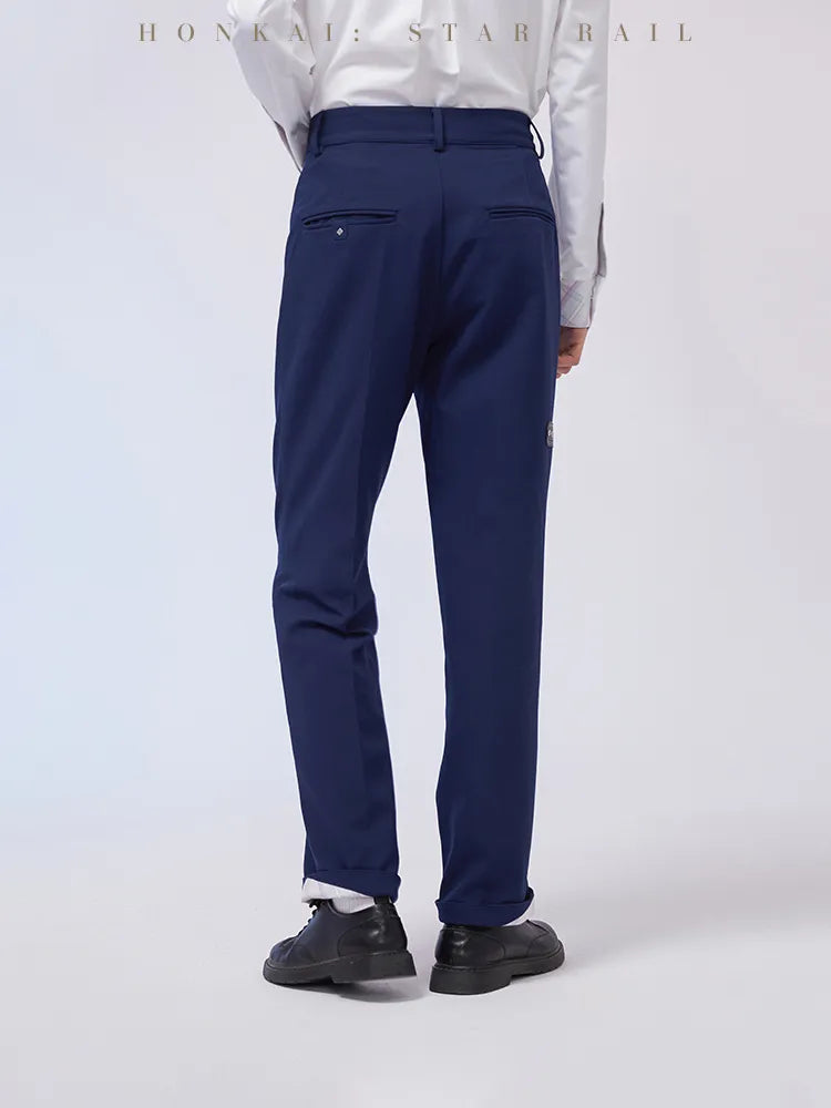 March 7th pants styled with a pastel-blue jacket and white shirt