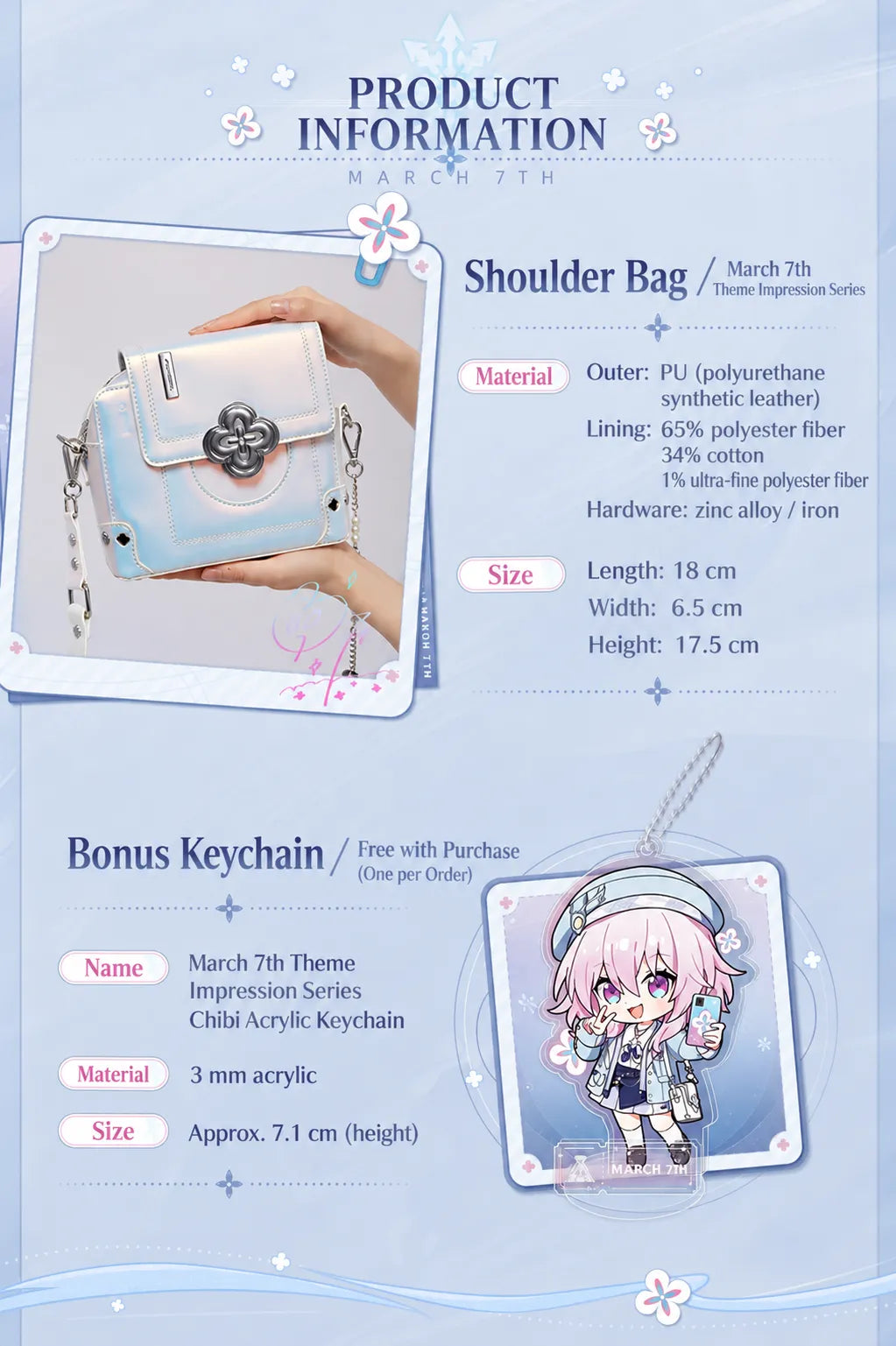 March 7th shoulder bag materials dimensions and bonus acrylic keychain