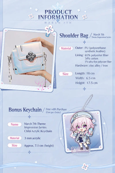 March 7th shoulder bag materials dimensions and bonus acrylic keychain