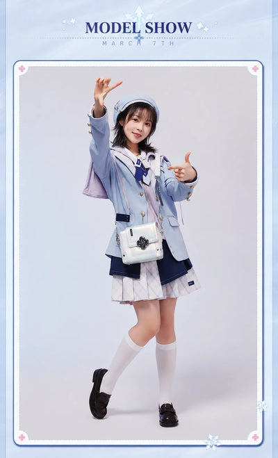 Model wearing March 7th shoulder bag with matching themed outfit