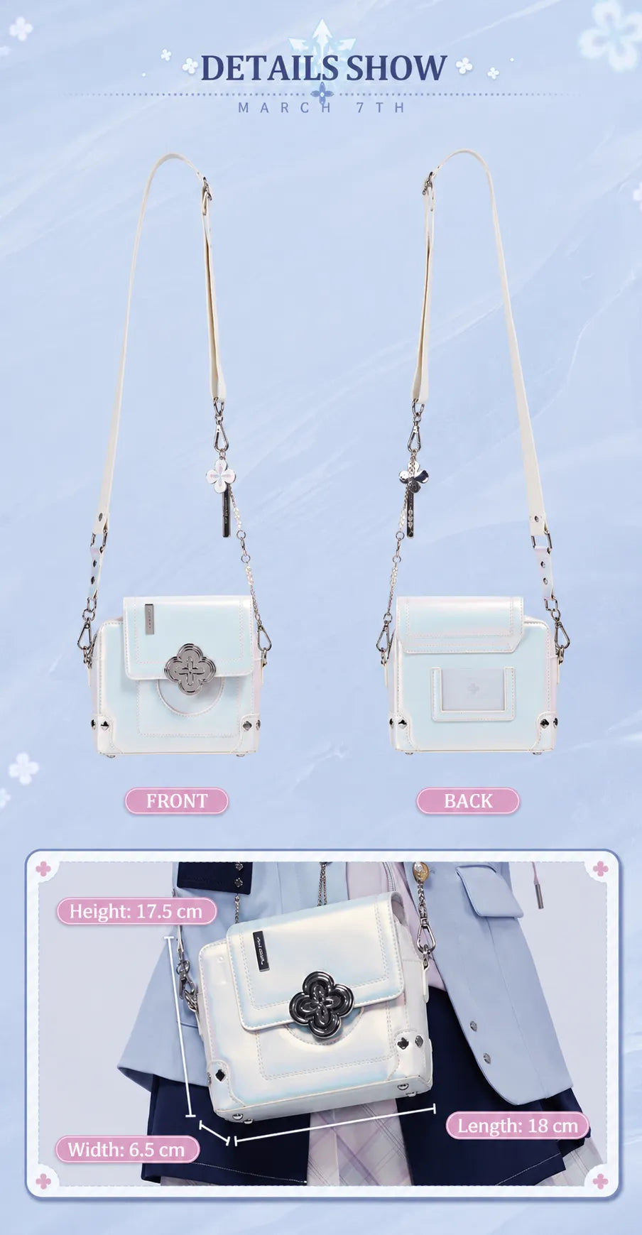 March 7th shoulder bag pearlescent surface and stitching