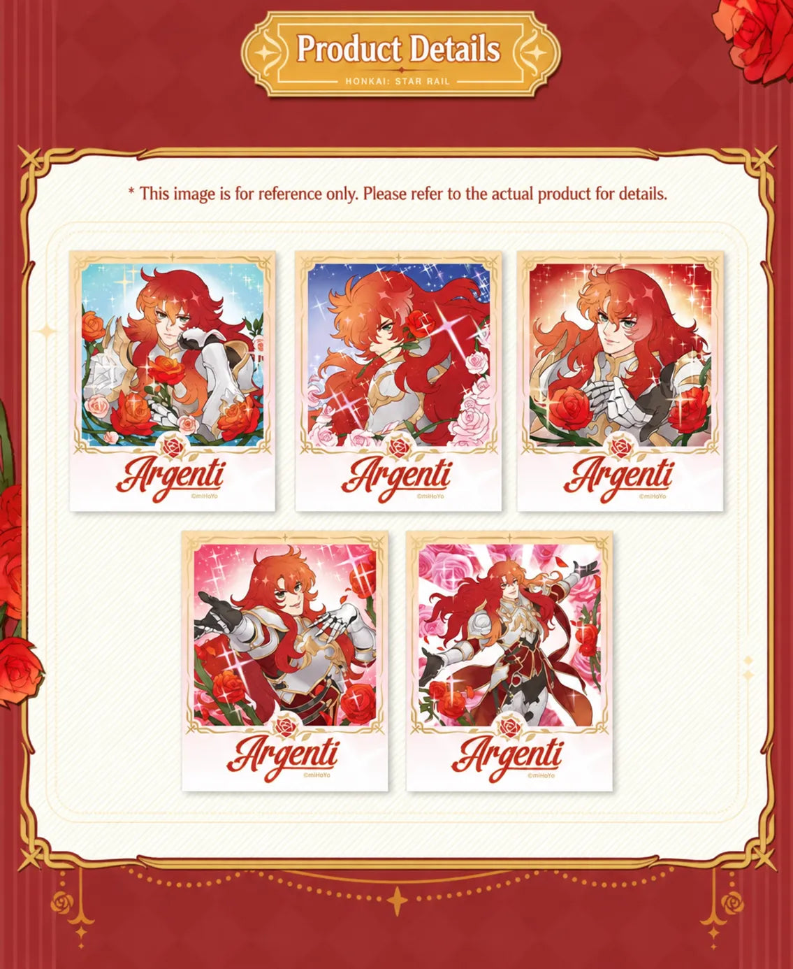 Argenti collectible cards displayed with red roses and decorative backgrounds
